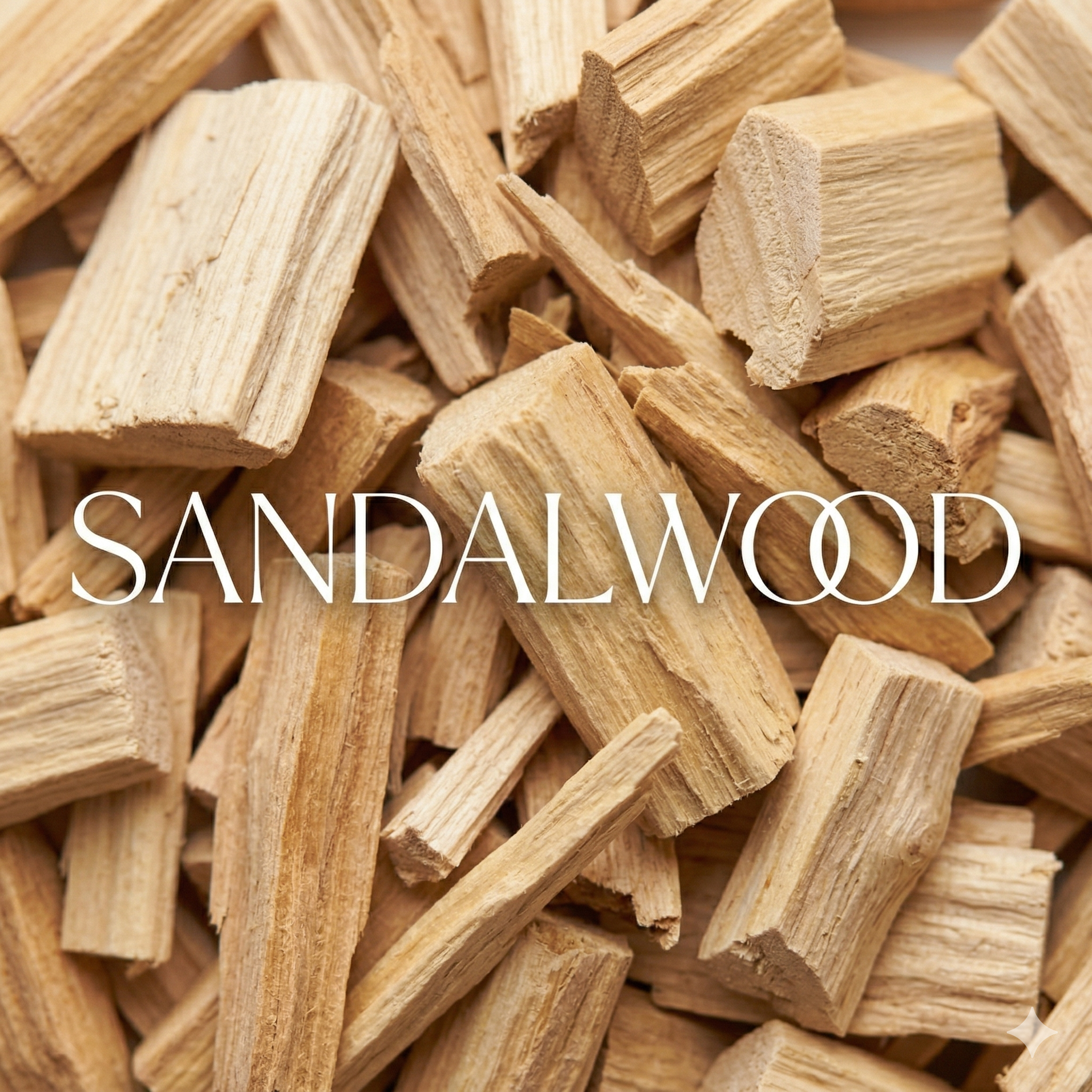 Pile of sandalwood pieces with 'Sandalwood' text overlay