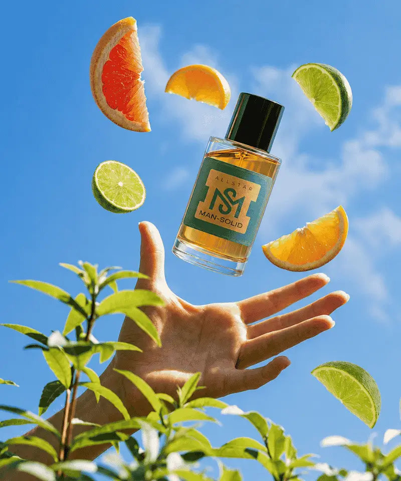 A clear glass perfume bottle labeled 'ALL SPICES NO. 1 MAN REPOSED' floating above an open hand, surrounded by floating citrus slices and green leaves against a bright blue sky.