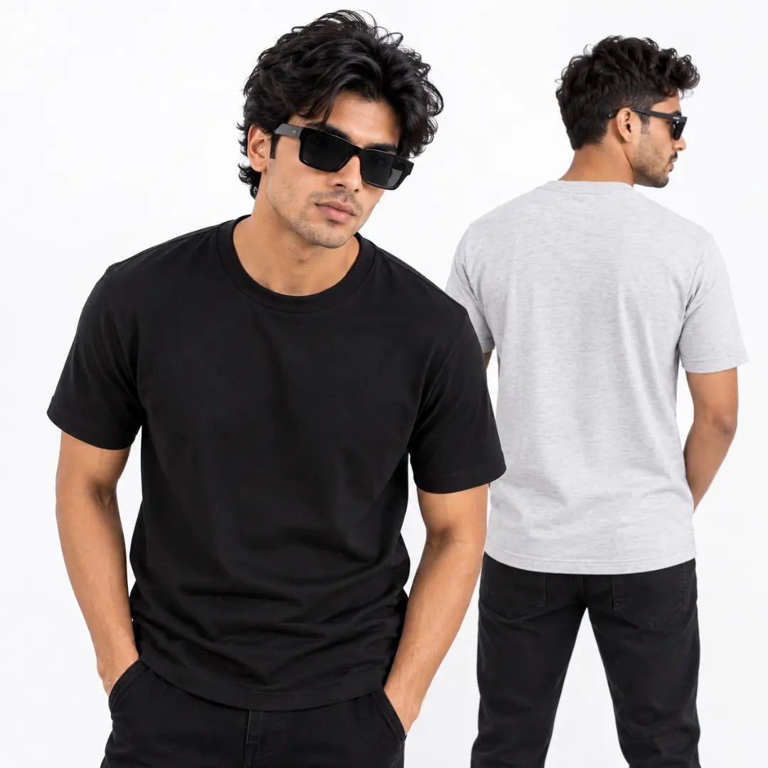 Double Down – Black and Grey Melange Cotton T-Shirt - Man-Solid®