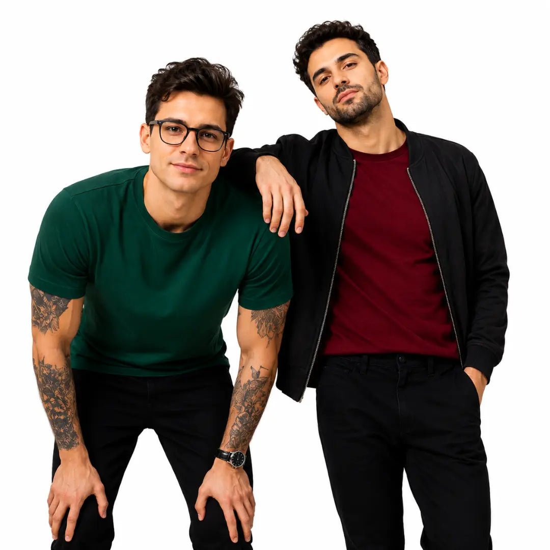 Double Down – Bottle Green and Maroon Cotton T-Shirt - Man-Solid®