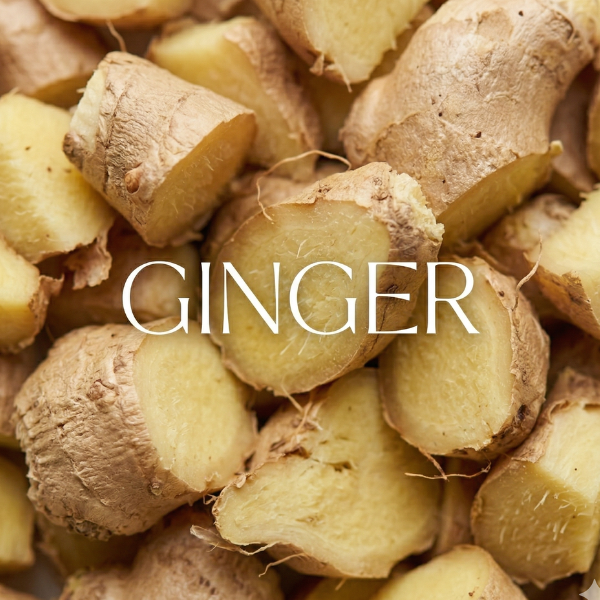 Close-up of sliced ginger with the word 'GINGER' overlaid.