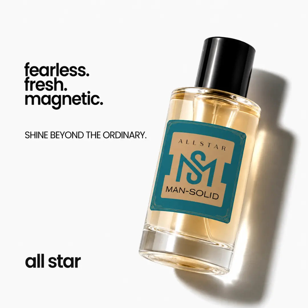 A clear glass perfume bottle with a black cap and a teal-and-beige label reading 'ALLSTAR MAN-SOLID' and 'NSM', shown on a white background with promotional text. The bottle contains a pale golden liquid and is photographed at an angle with a cast shadow.