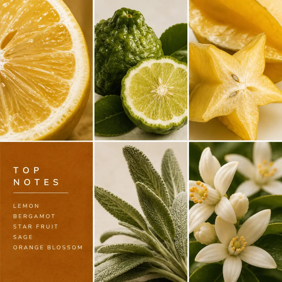 A six-panel collage showing citrus and herb imagery: a lemon slice, a green bergamot, a star fruit cross-section, a brown panel reading 'TOP NOTES' with a list including lemon, bergamot, star fruit, sage, and orange blossom, and white orange blossom flowers with green leaves.