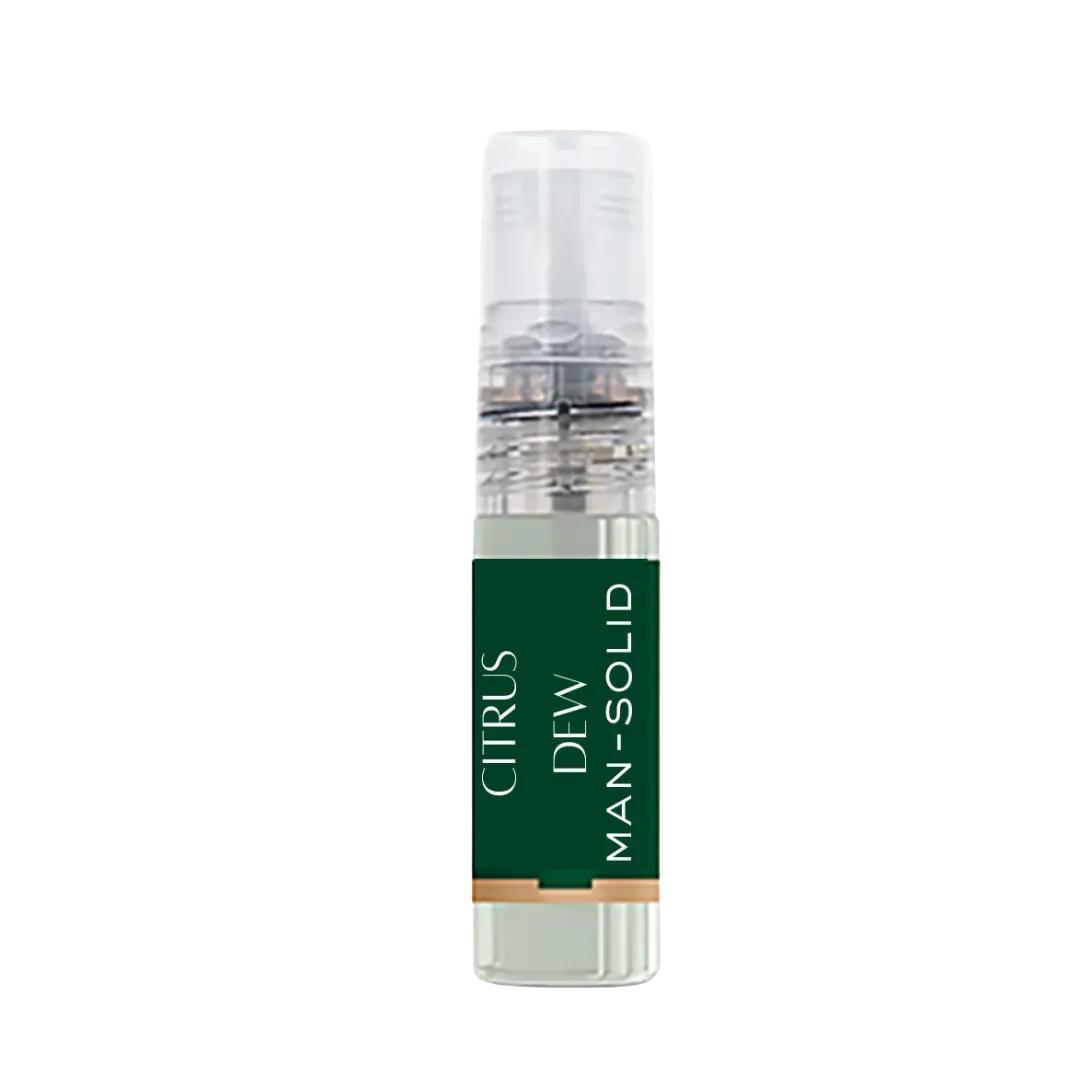 Minimalist cylindrical perfume tester bottle with transparent body, black label, and clear cap on a white background