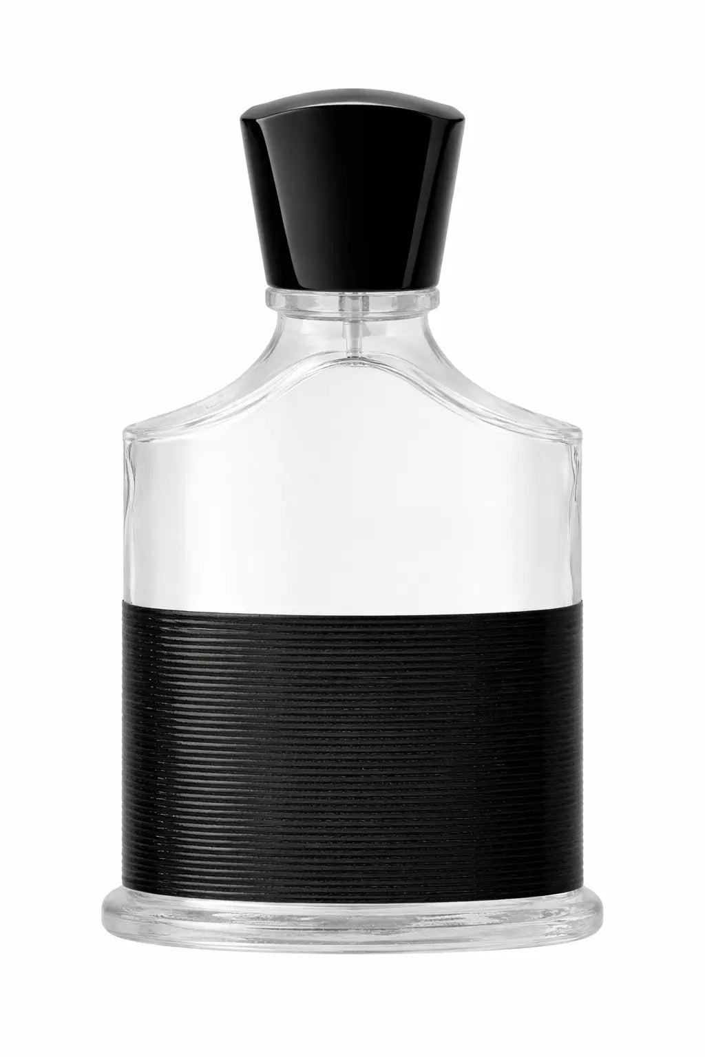 Clear glass perfume bottle with a glossy black cap and textured black lower half on a white background