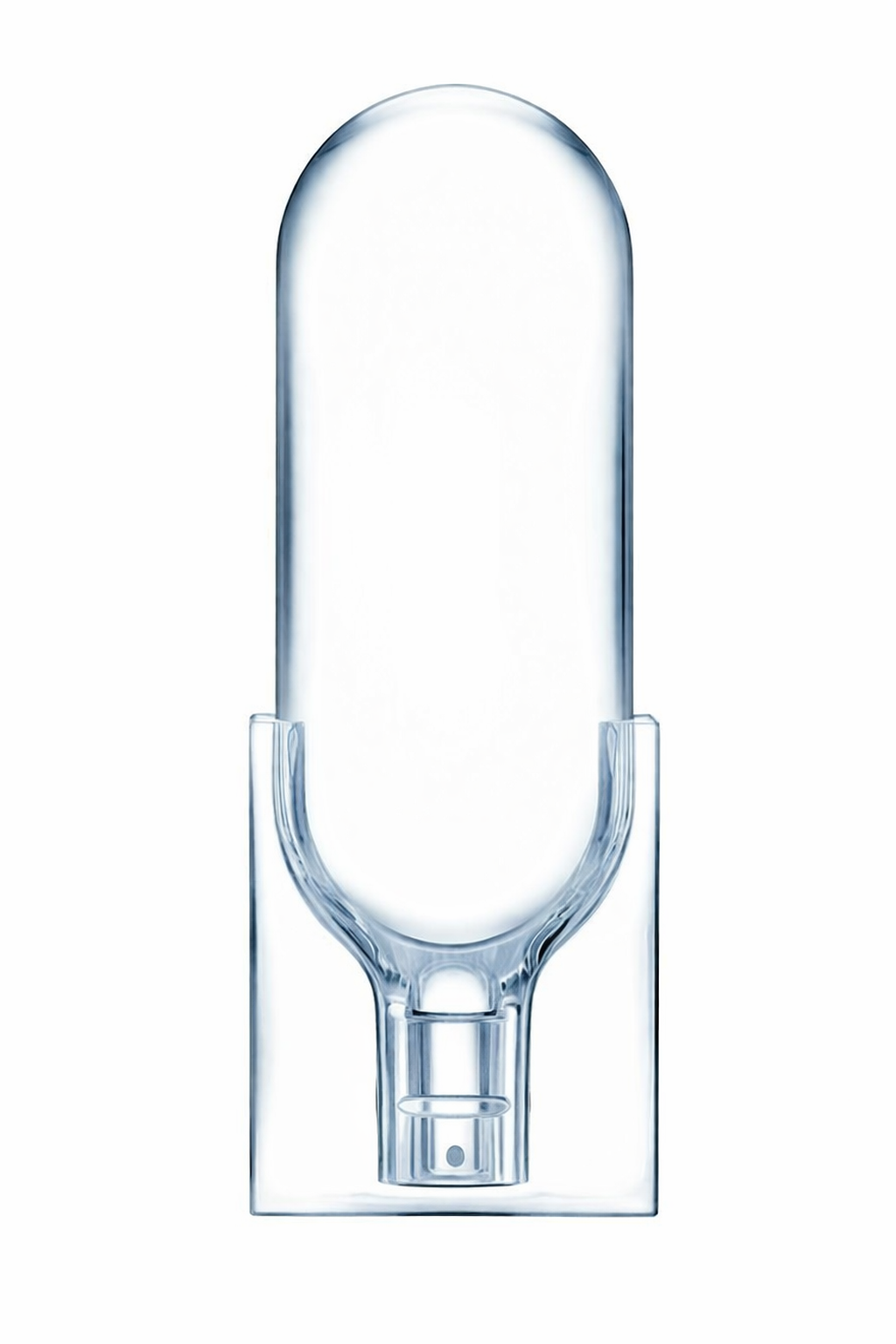Clear glass perfume bottle with a glossy black cap and textured black lower half on a white background