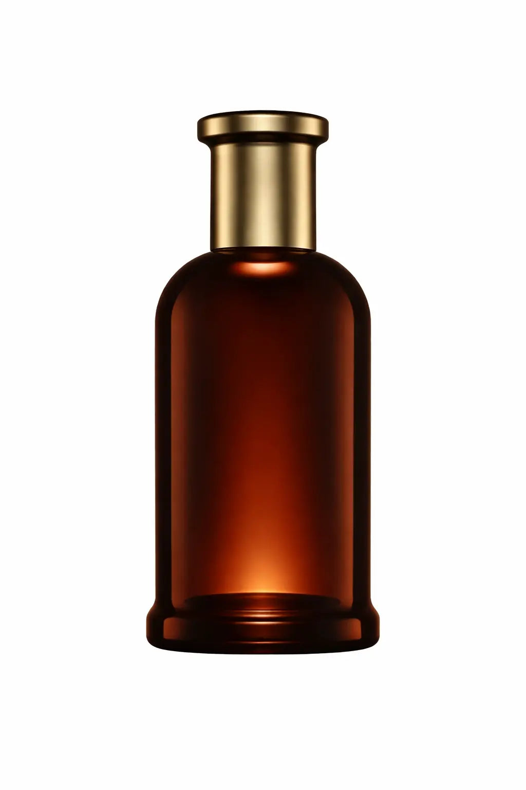 Clear glass perfume bottle with a glossy black cap and textured black lower half on a white background