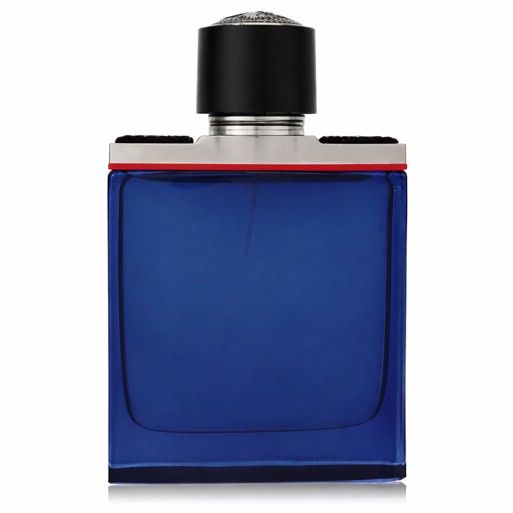 Clear glass perfume bottle with a glossy black cap and textured black lower half on a white background