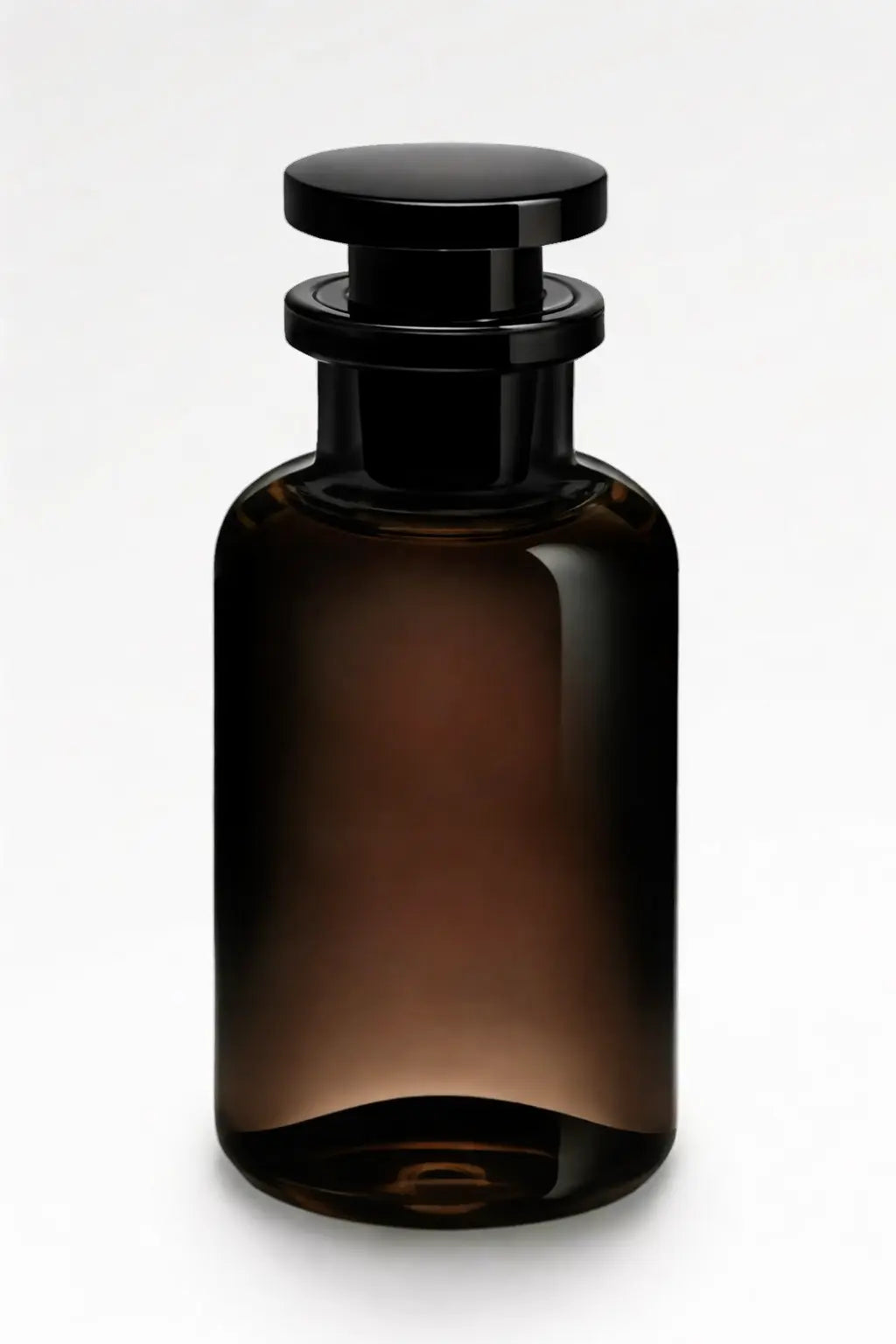 Clear glass perfume bottle with a glossy black cap and textured black lower half on a white background