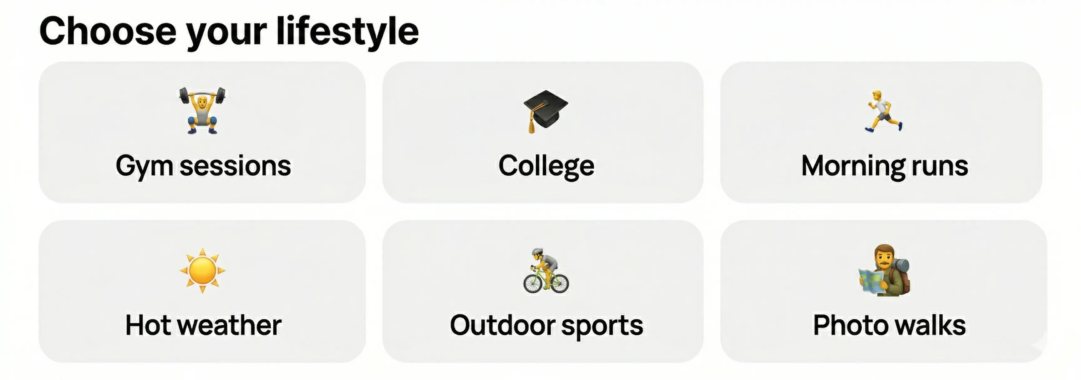 Set of lifestyle icons with labels for gym sessions, college, morning runs, hot weather, outdoor sports, and photo walks.