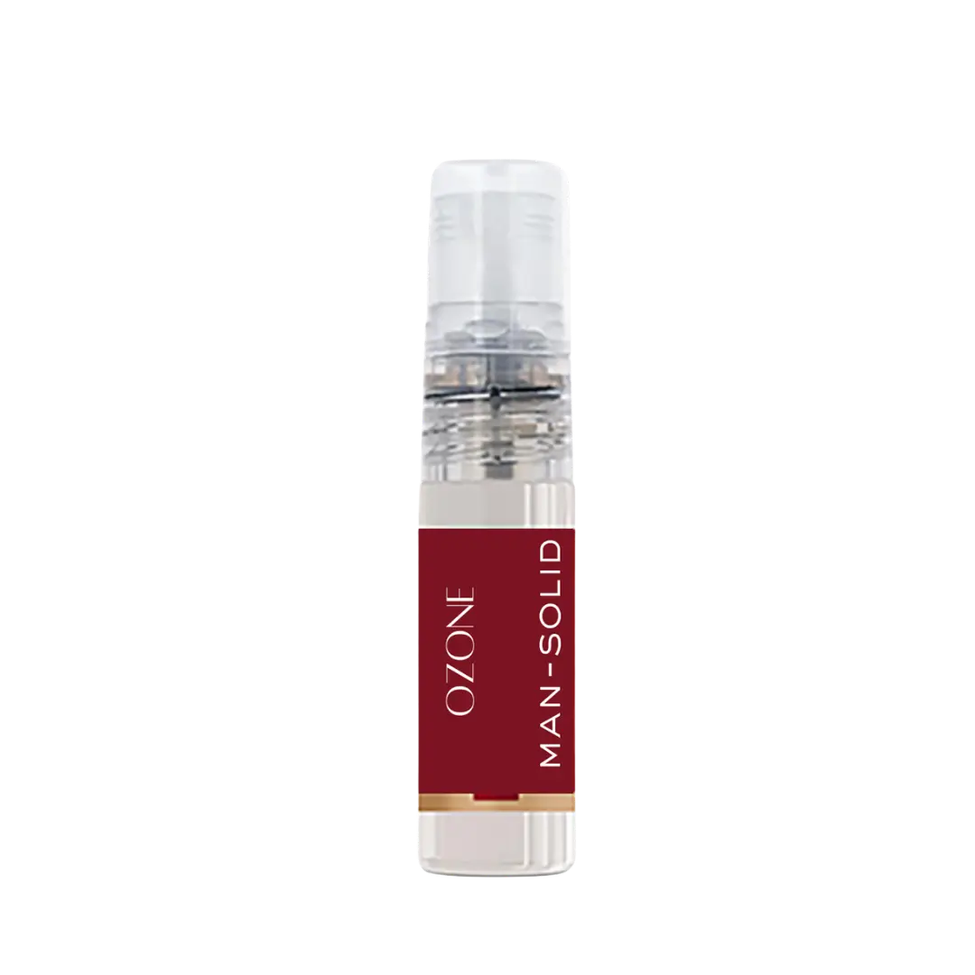 Minimalist cylindrical perfume tester bottle with transparent body, black label, and clear cap on a white background