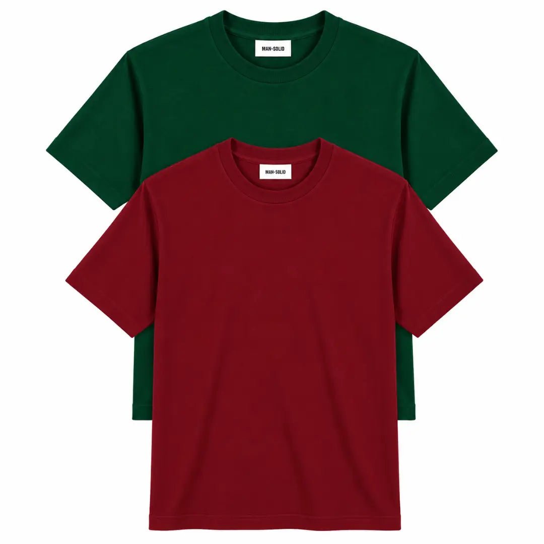 Double Down – Bottle Green and Maroon Cotton T-Shirt - Man-Solid®