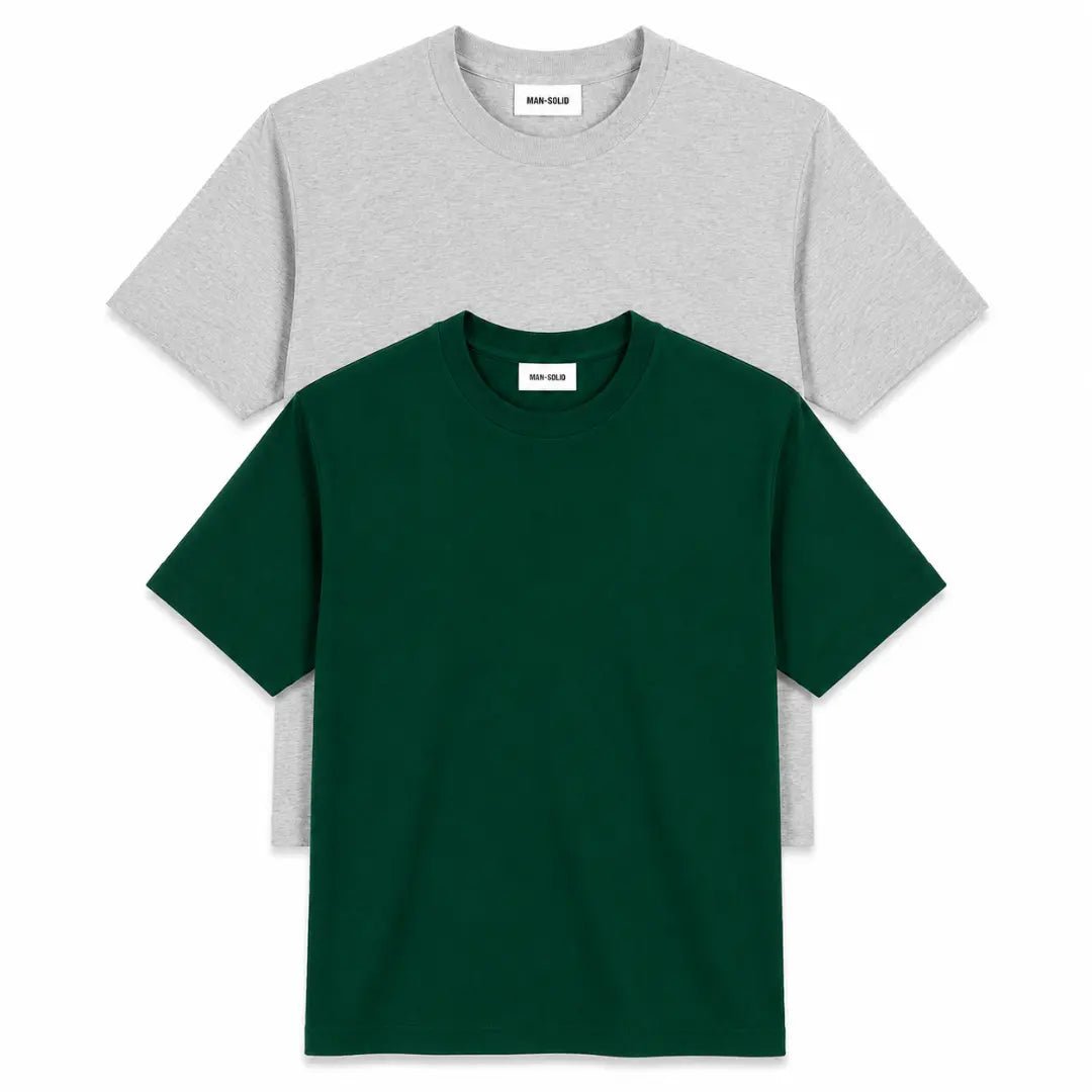 Double Down – Grey Melange and Bottle Green Cotton T-Shirt - Man-Solid®