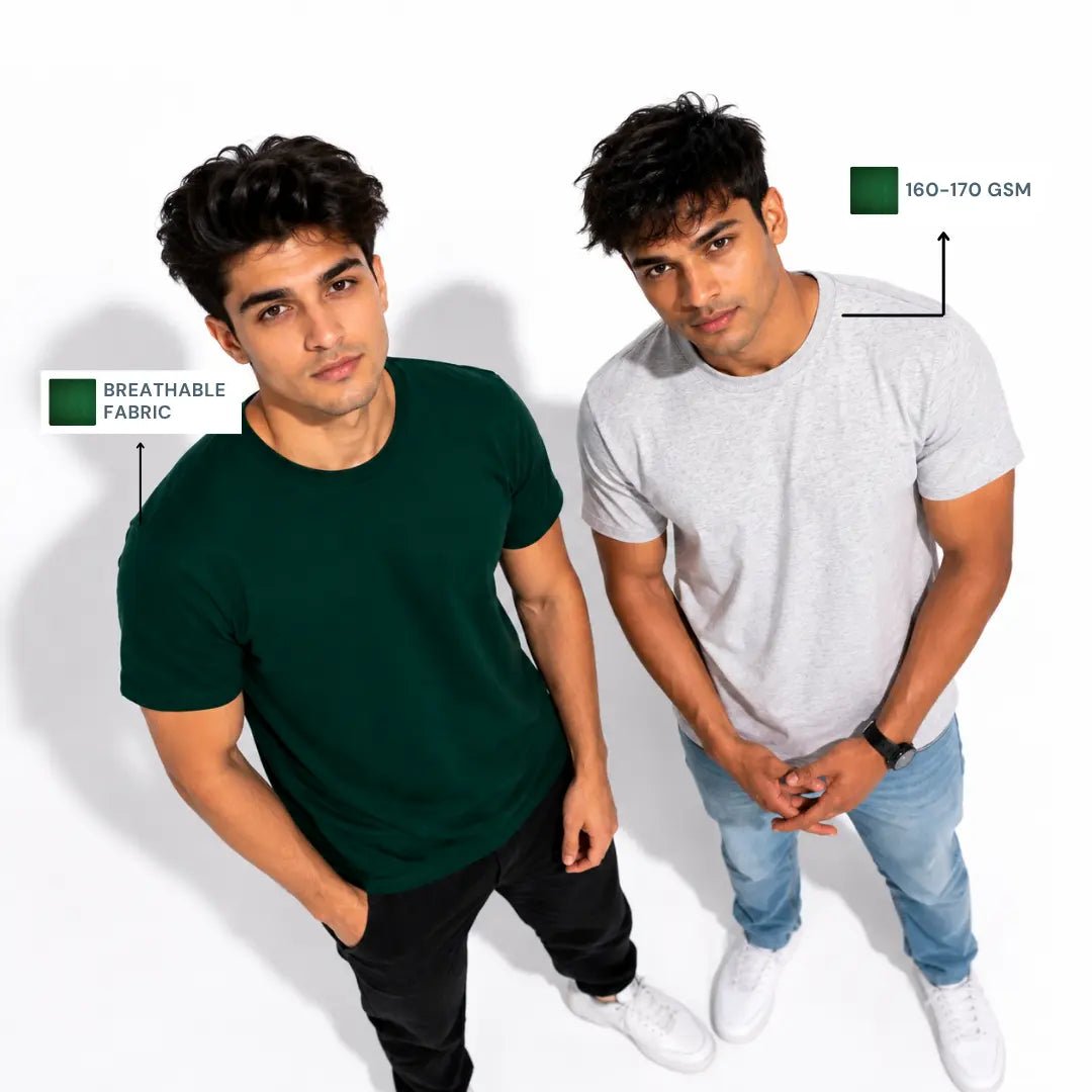 Double Down – Grey Melange and Bottle Green Cotton T-Shirt - Man-Solid®