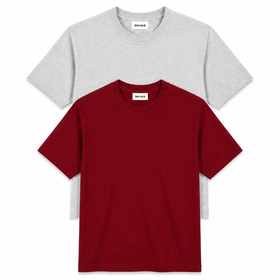 Double Down – Grey Melange and Maroon Cotton T-Shirt - Man-Solid®
