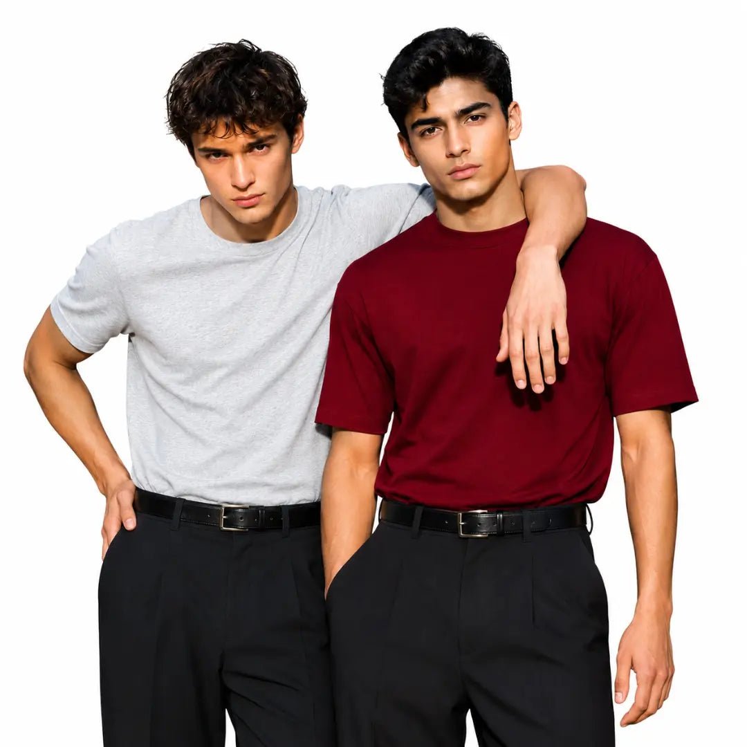 Double Down – Grey Melange and Maroon Cotton T-Shirt - Man-Solid®