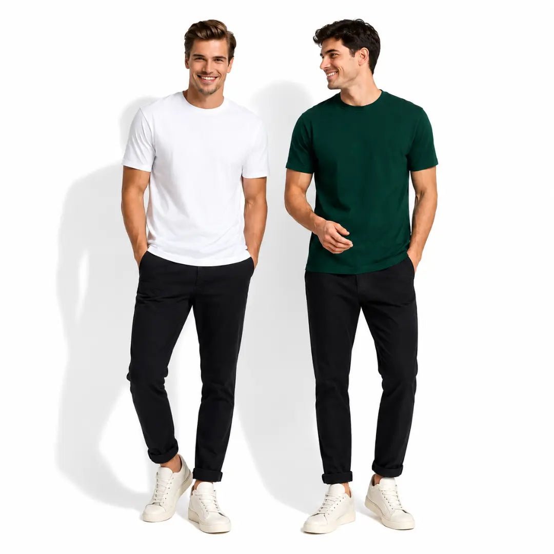 Double Down – White and Bottle Green Cotton T-Shirt - Man-Solid®