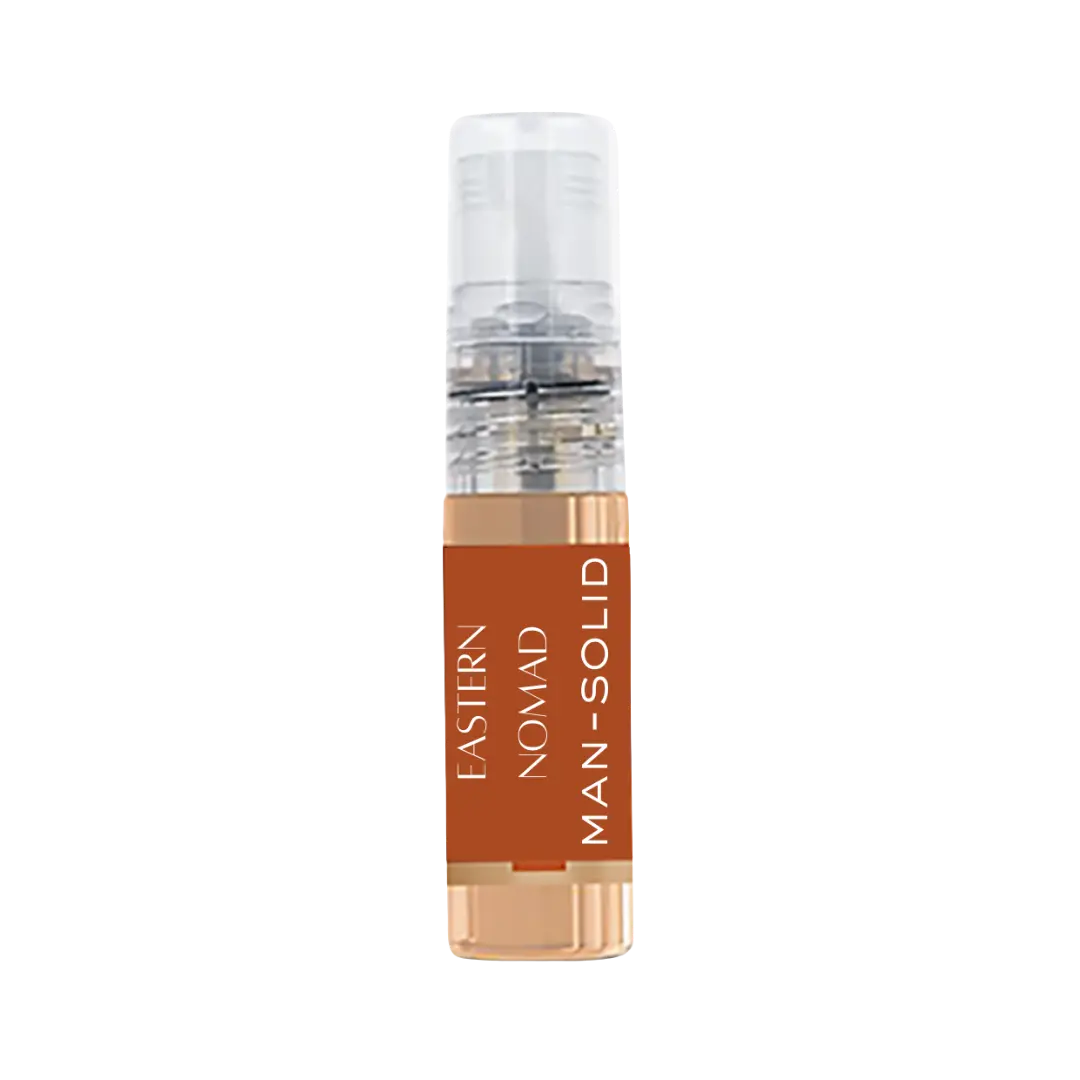 Minimalist cylindrical perfume tester bottle with transparent body, black label, and clear cap on a white background