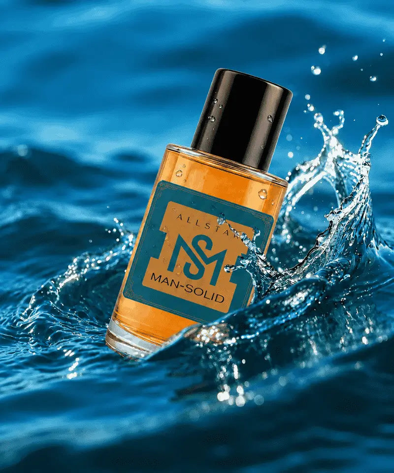 A bottle of MAN-SOLID perfume by Allstar, filled with amber liquid and featuring a teal and gold label with a black cap, shown floating in splashing blue water.