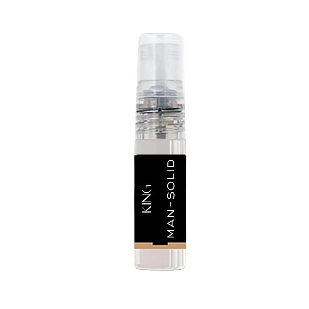 Minimalist cylindrical perfume tester bottle with transparent body, black label, and clear cap on a white background