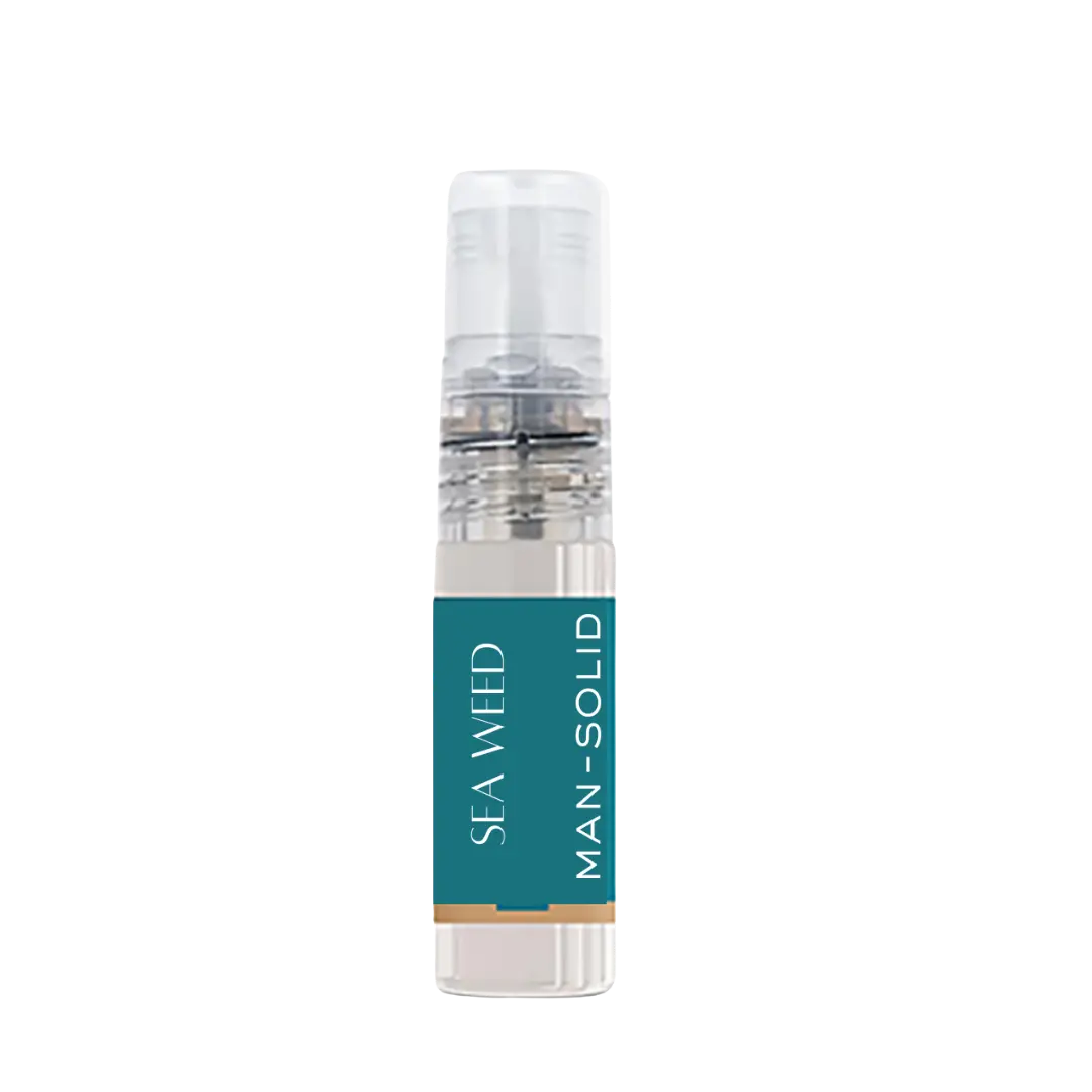 Minimalist cylindrical perfume tester bottle with transparent body, black label, and clear cap on a white background