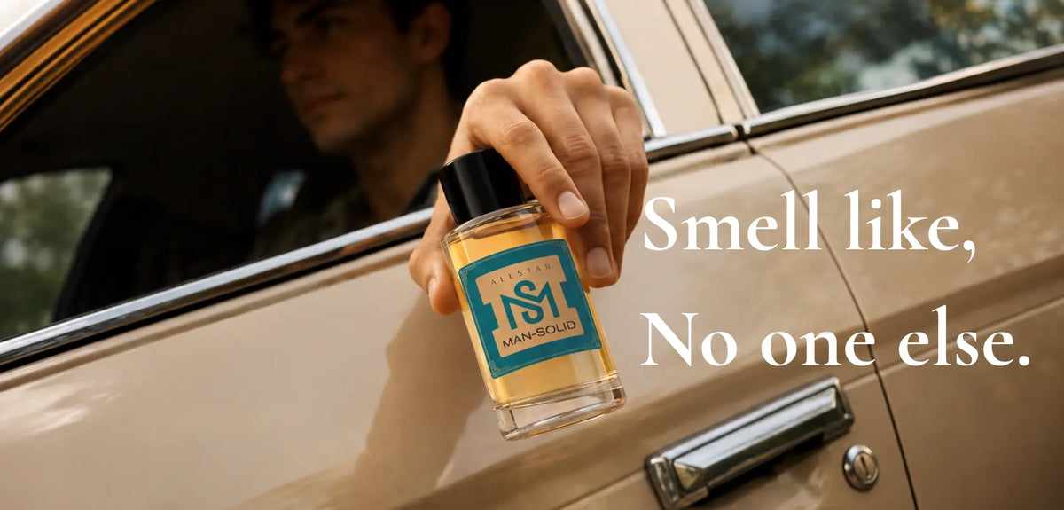 A hand holds a bottle of 181 Men's Scents perfume next to a tan vintage car door, with the text 'Smell like, No one else.' on the right.